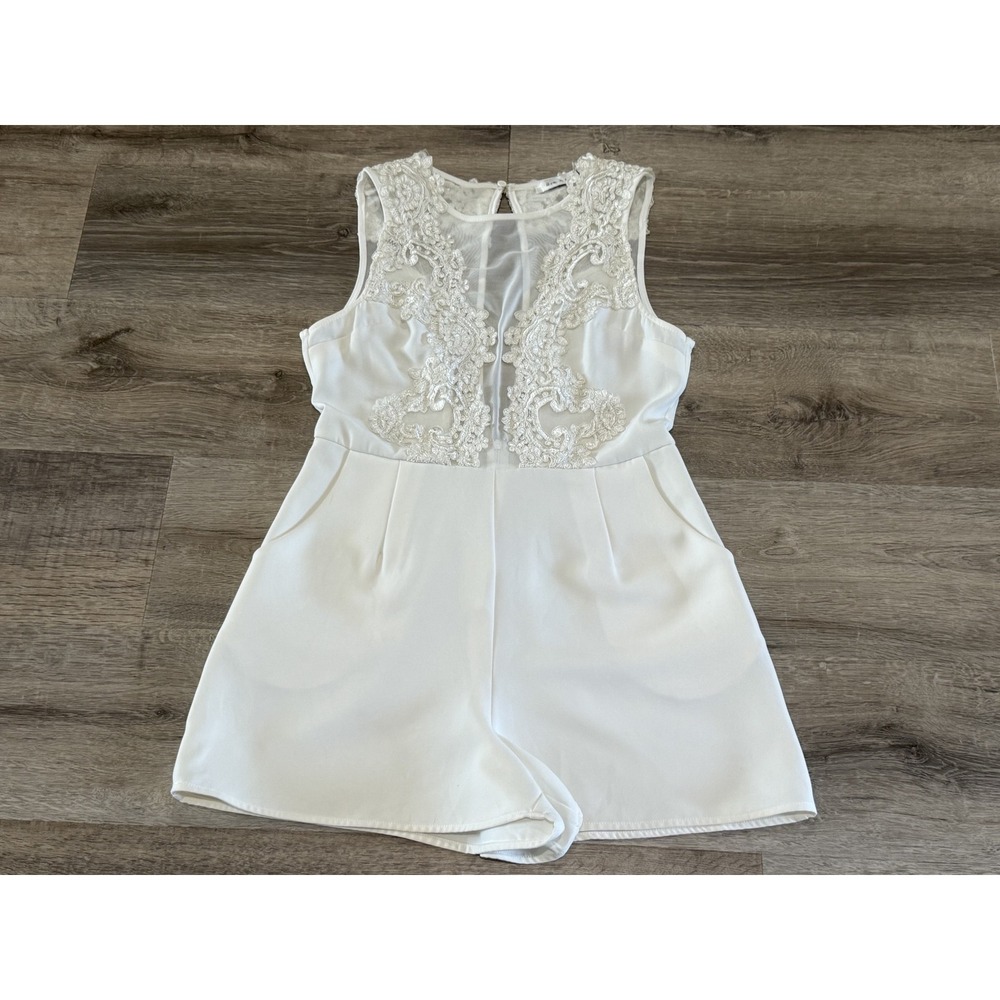Ark & Co White Lace Mesh Sleeveless Romper Dressy Jumpsuit Medium